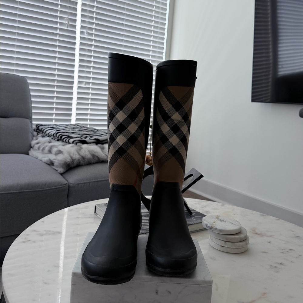 Burberry Black and Haymarket Plaid Tall Rain Boots - Picture 2 of 5